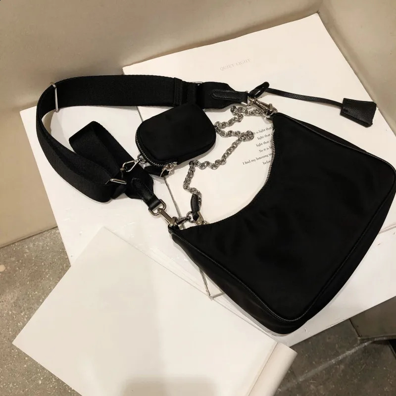 Casual Nylon Waterproof Women Shoulder Hobo Bags Fashion Cool Black Chain Decolr Armpit Crossbody With Small Purse 250523