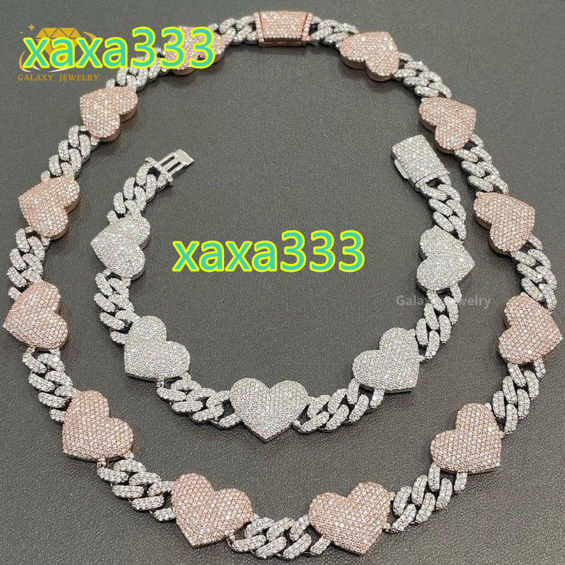 Factory Wholesale Cuban Necklace Hip Hop 14mm Love Heart Moissanite VVS Full Iced Out Diamond Solid 925 Silver Cuban Link Chain