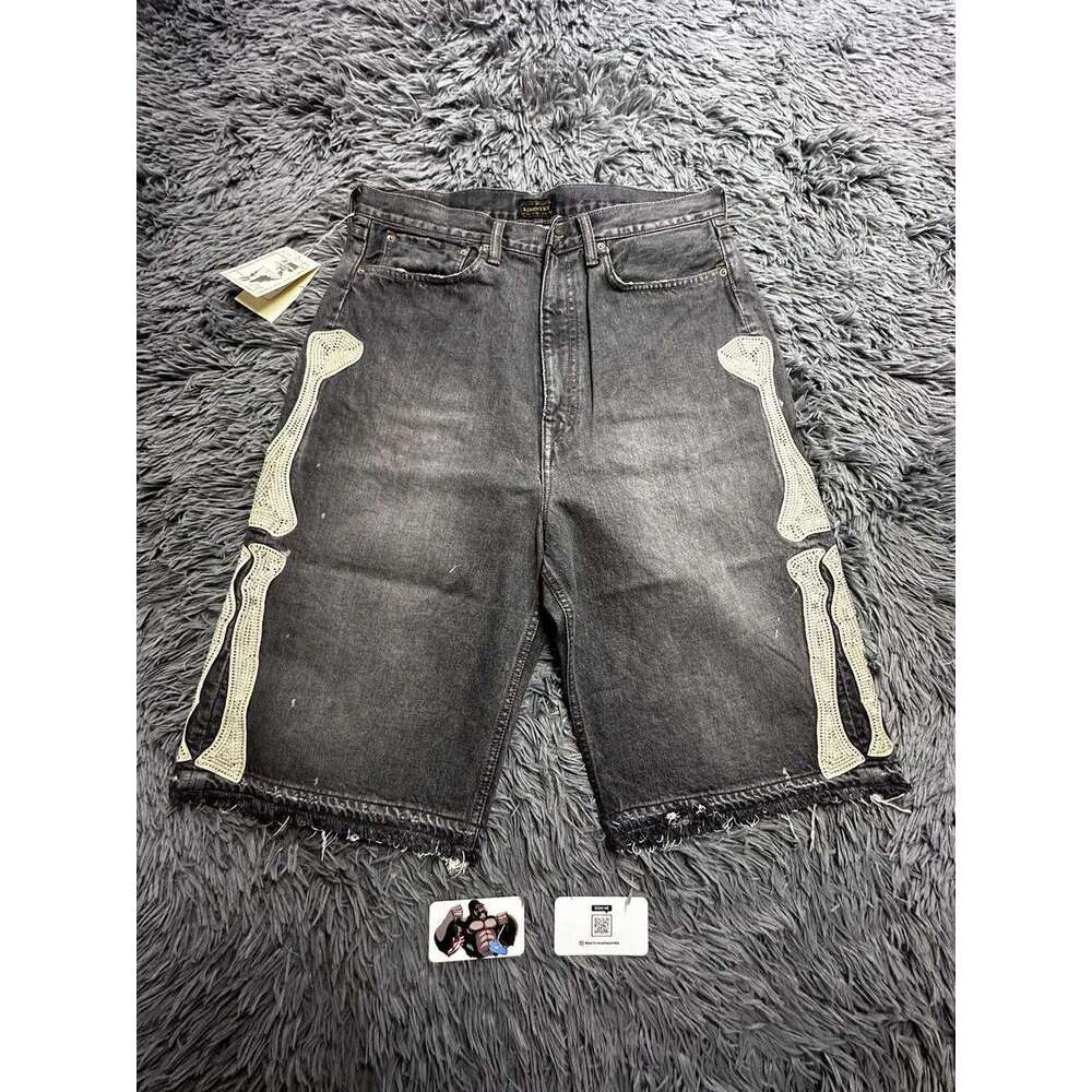 Summer retro skeleton denim sports casual shorts new couple wearing street pants Europe and America