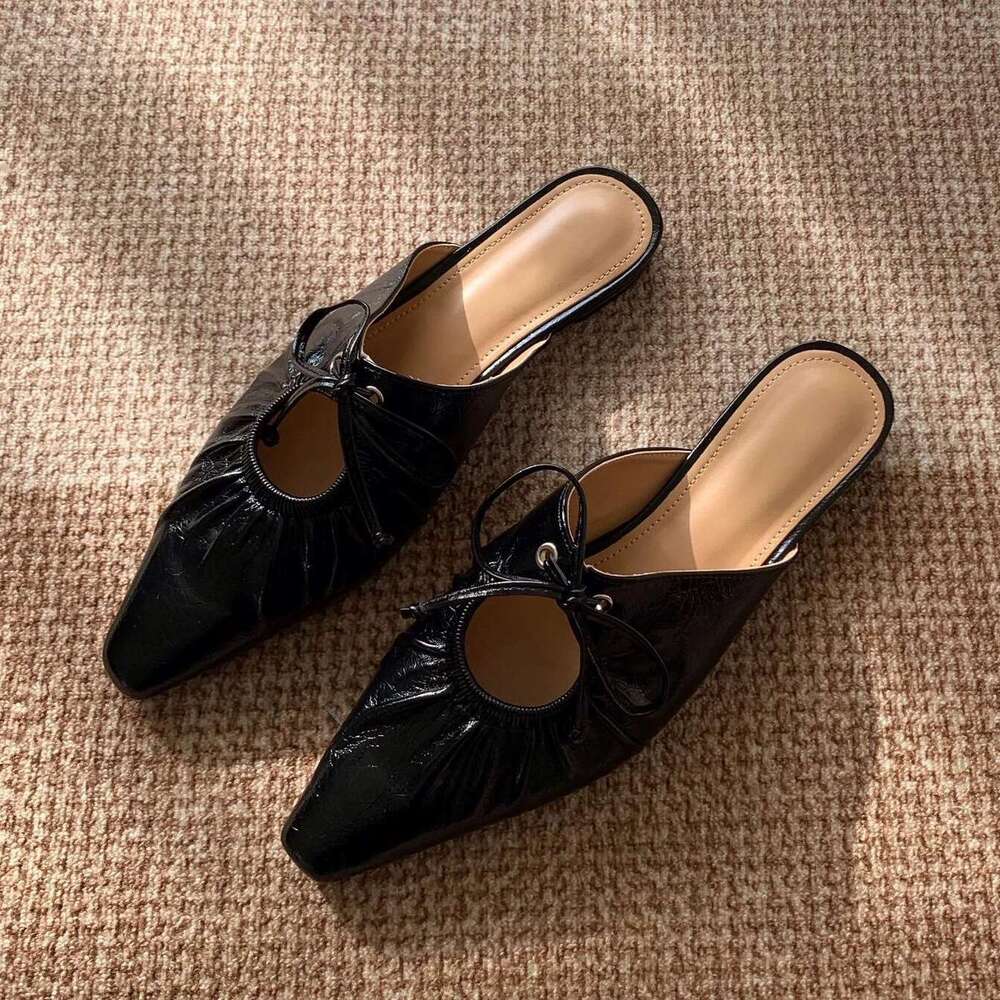 Genuine Leather French Niche Pleated Lace-up for Women 2025 Spring Summer Fashion Pointed Toe Flat Mules