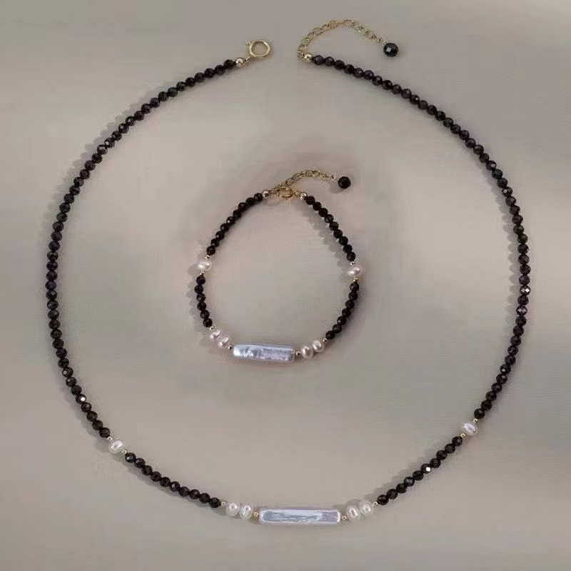 Sterling Silver Necklace and Bracelet with Bar Spike Spinel and Pearl Elegant Light Weighted Mixed Stone Accessories