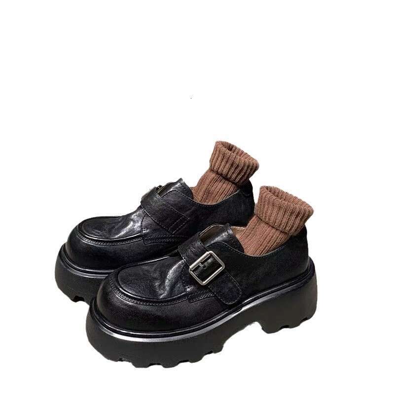 Genuine Washed Shrink Pattern Round Toe Thick Sole Chunky Heel Belt Buckle Loafers Women Autumn Winter Small Leather Single Shoes