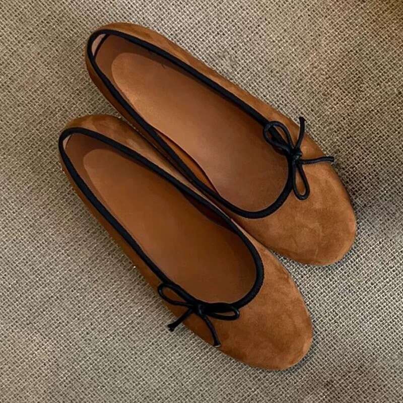 Genuine Leather Bowknot Shallow Round Toe Ballet Flats for Women 2025 New Spring Versatile Loafers Single Shoes