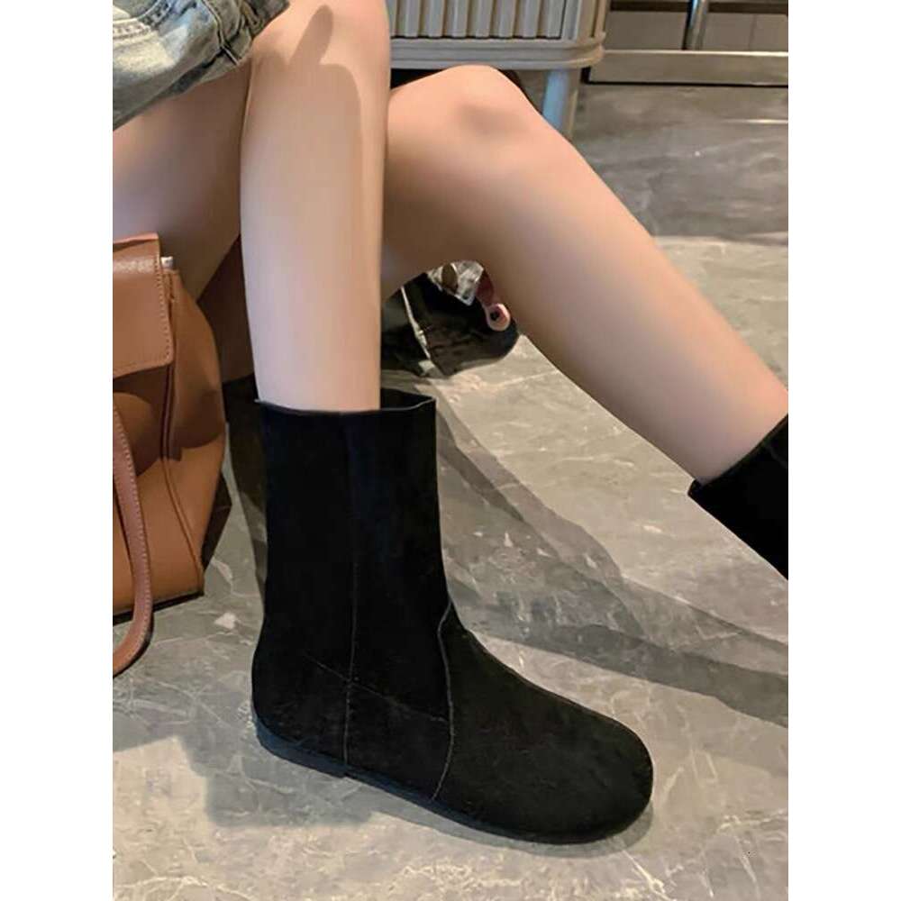 Genuine Korean Style Suede Turned Leather Round Toe Flat Slim Short Women 2024 New Versatile Mid-Calf Denim Boots