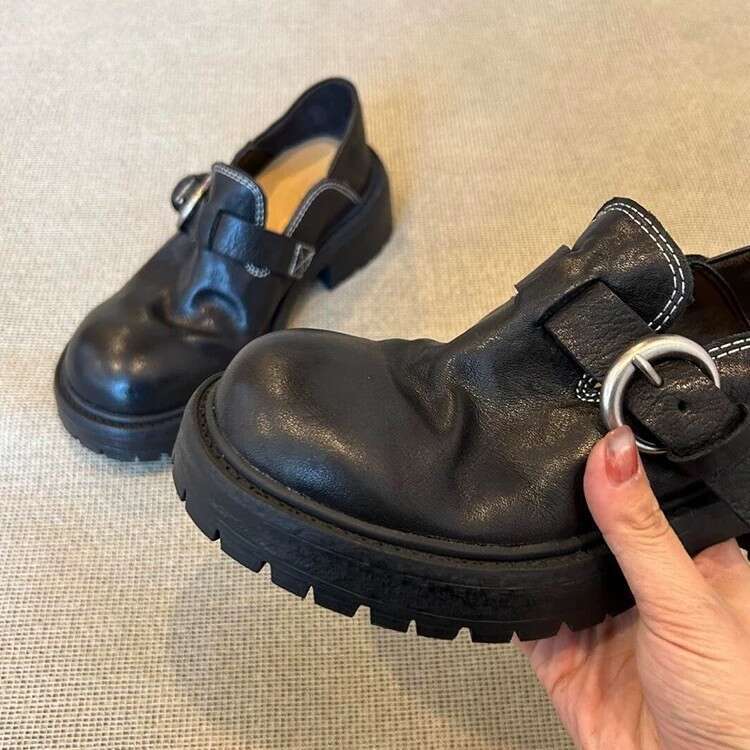 British Style Genuine Leather Loafers with Belt Buckle, Platform Thick Sole, Chunky Heel, Women's Spring, Autumn, Winter Shoes