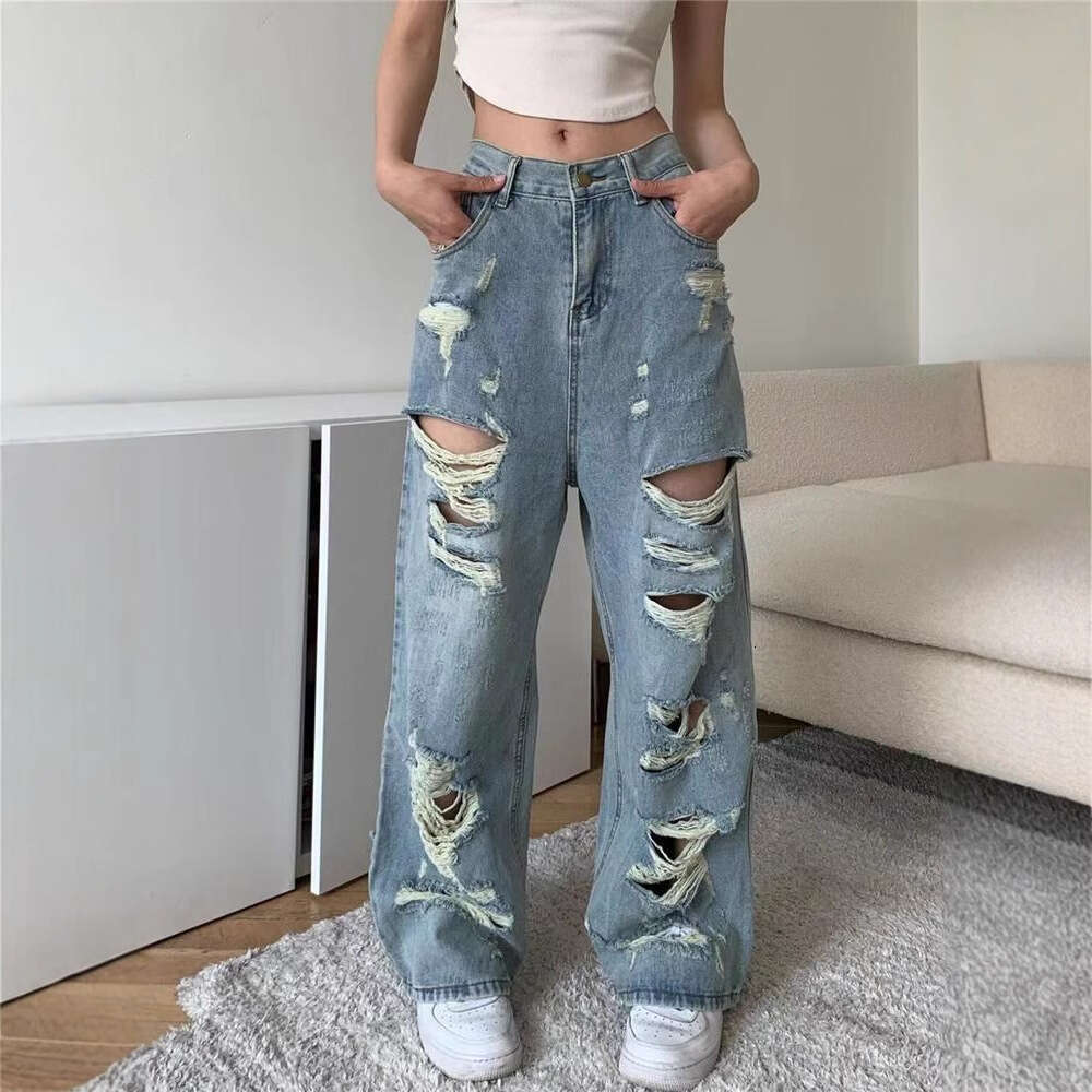 American High Street Washed Ripped Jeans for Men, Straight Loose Fit, Summer Plus Size Wide Leg Distressed Pants, Slimming Trendy