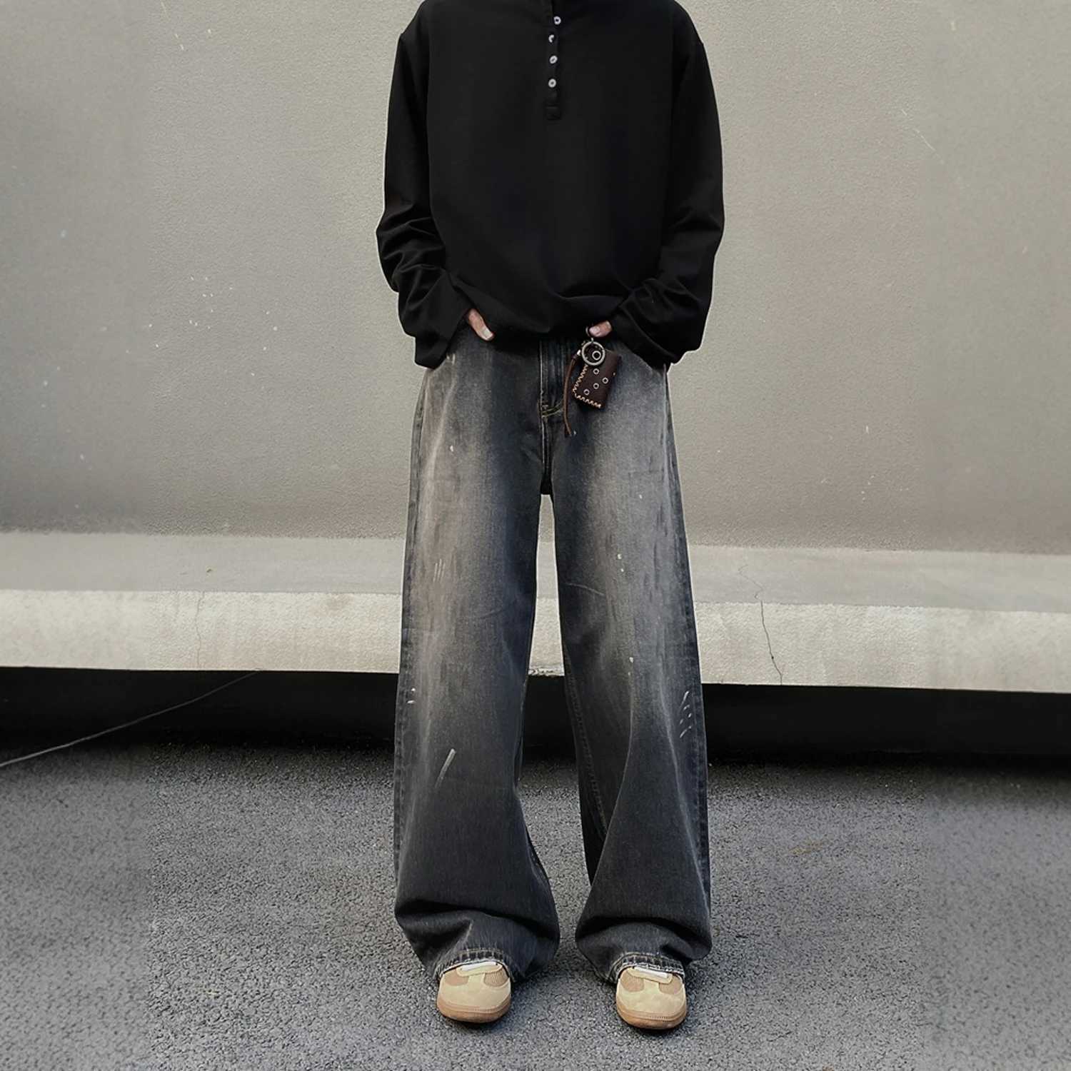 Vintage Distressed Mens Baggy Straight Jeans Fashion Korean High Strt Denim Pants Strtwear Male TrousersC250528