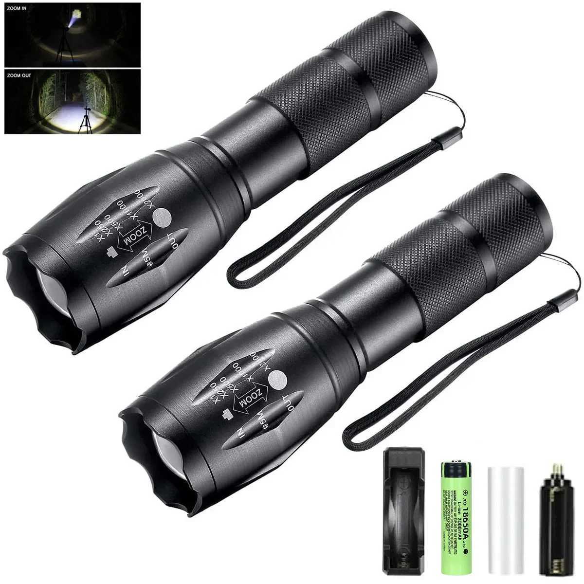 1/2 Pack Rechargeable LED Flashlight Zoomable Flashlights Al Alloy Portable Handheld Flashlights with 5 Modes Waterproof XJ250529