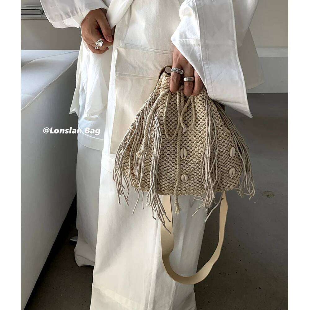 Women's Bags Designer Tassel Shell Straw Summer Bucket For Women Wide Strap Shoulder Bag Bohemian Rattan Beach Bags Purses And Handbags Chic