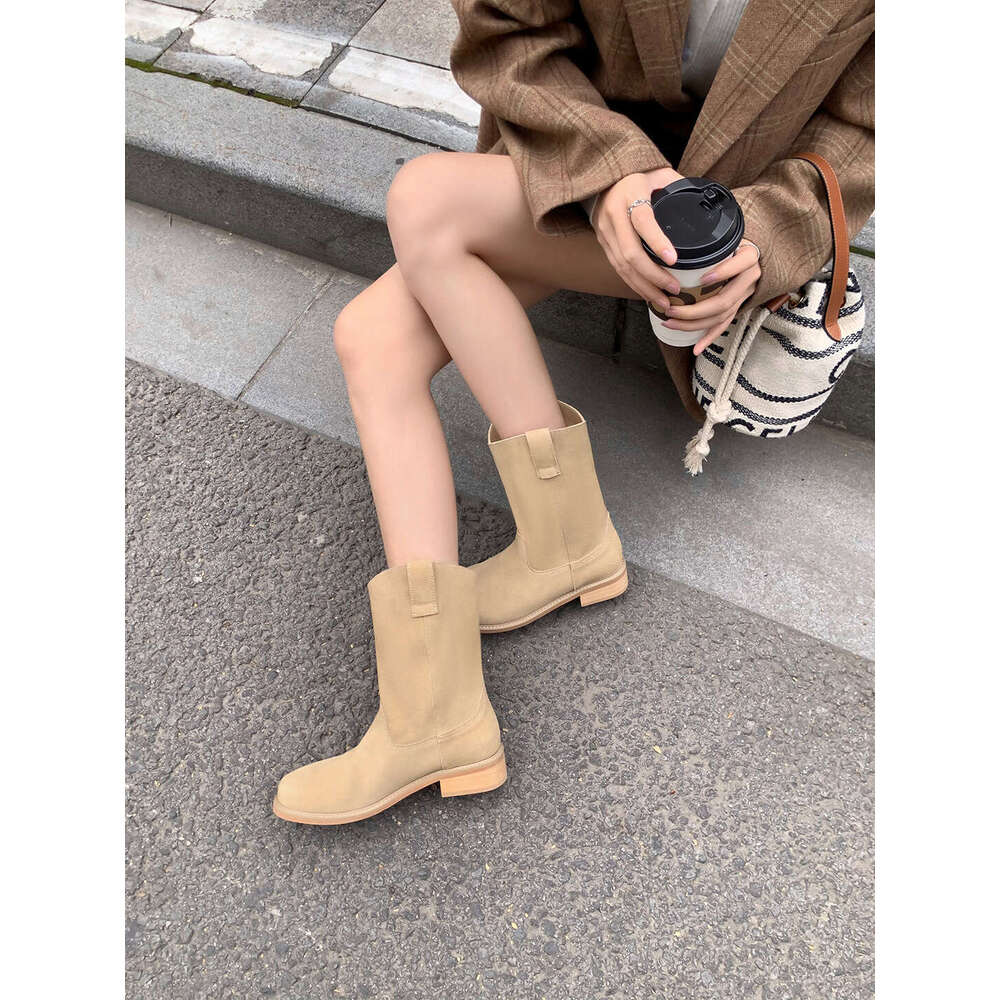 Su Yinyin Style Round Toe Chunky Heel Western Cowboy for Autumn Winter Fleece Lined Mid-Calf Short Women Boots