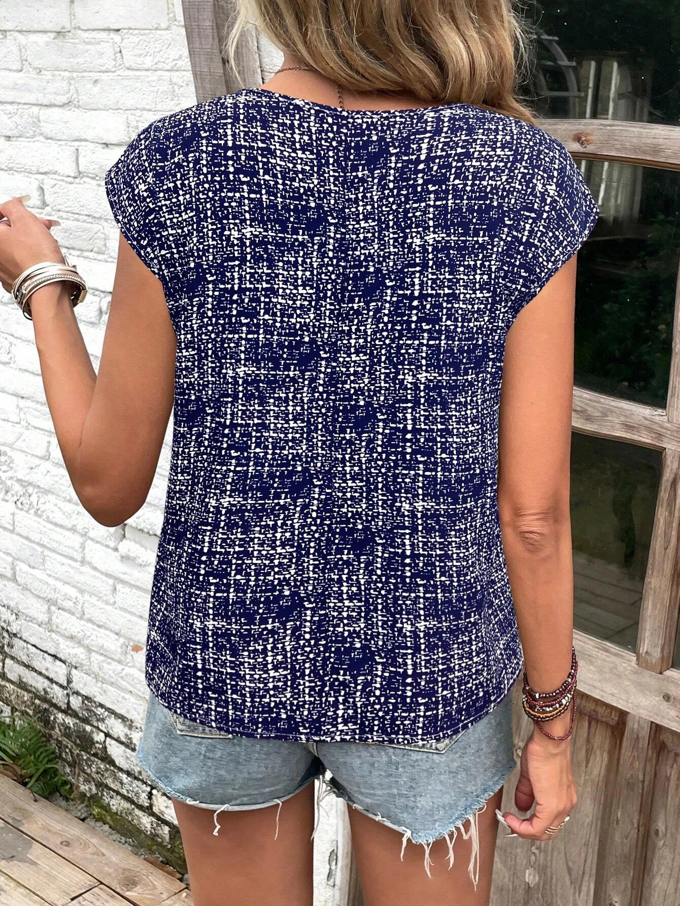 European and American womens elegant and fashionable versatile casual round neck printed short sleeved shirt 250529Z
