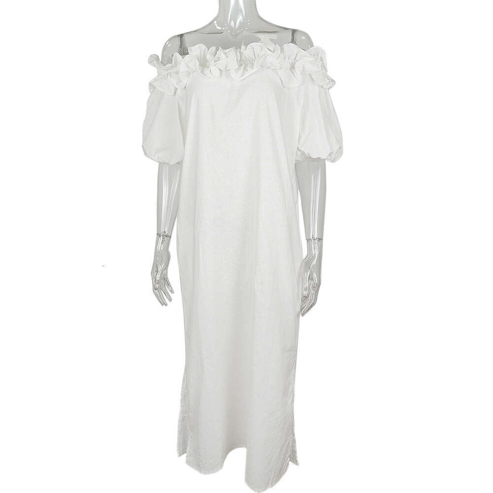 Spring/Summer Women's Off-Shoulder Sexy Puff Sleeve Solid Color Ruffle Vacation Beach Dress B5
