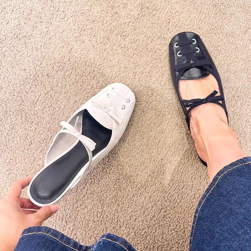 Genuine Leather Korean Style Bowknot Toe Cap Half Slippers for Women Outdoor 2025 New Spring Summer Fashion Flat Mules Sandals