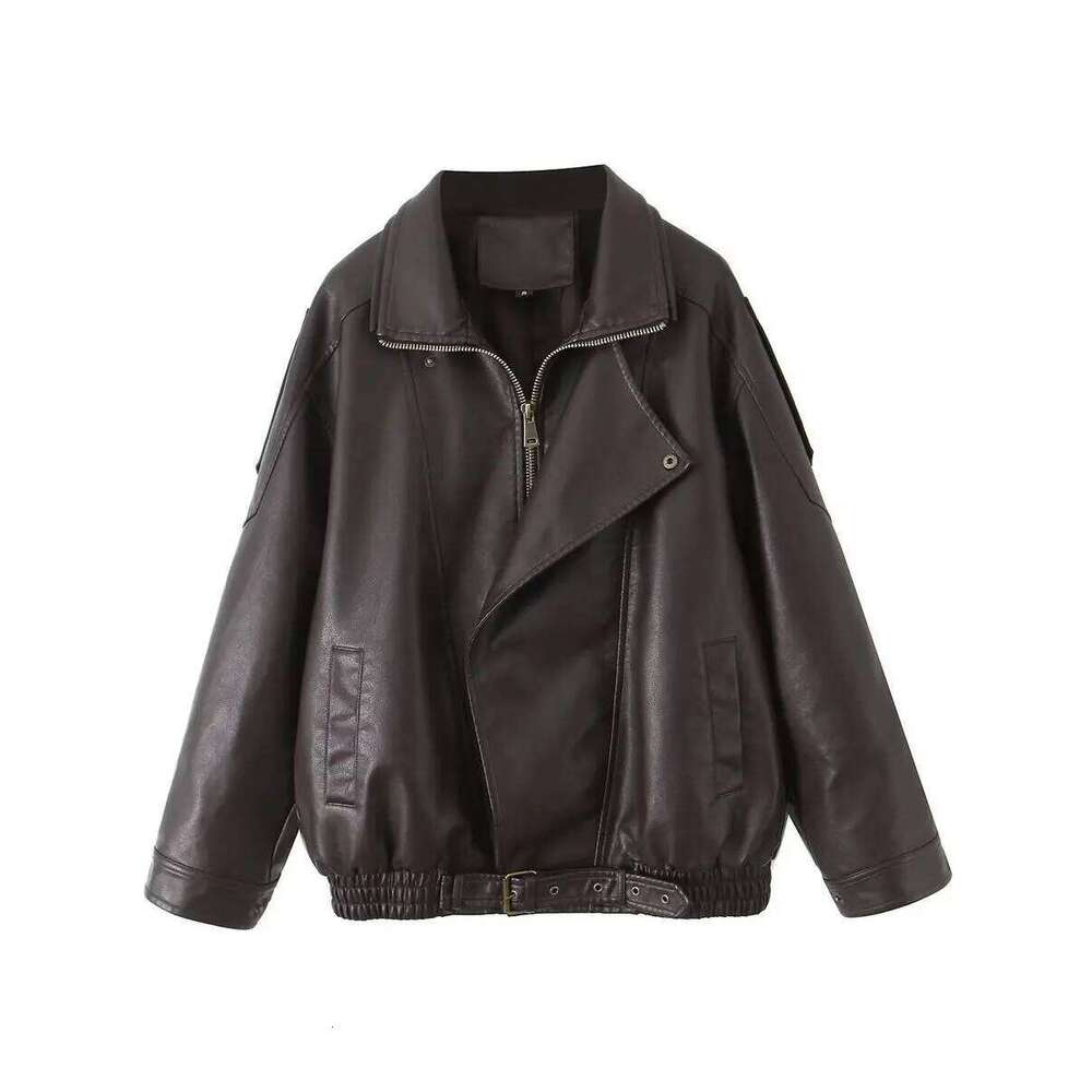 2025 Women's Dark Coffee Faux Leather Oversized BF Jackets Lady Moto Biker Punk Hip-hop Loose PU Zipper Coats Streetwear