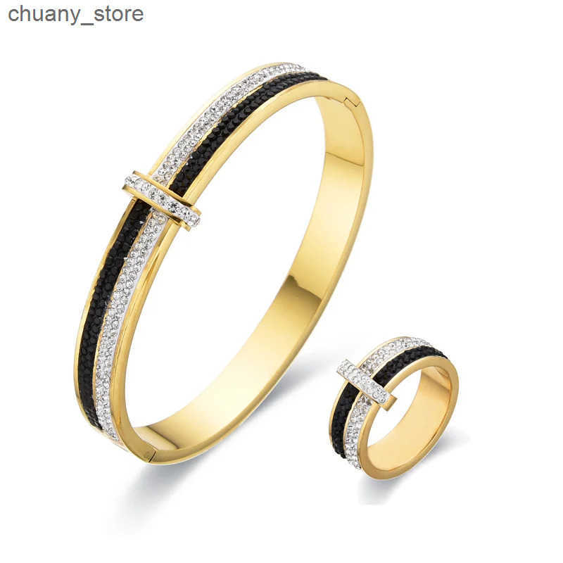 FYSARA Classic Crystal Letter Geometric Stainless Steel Ring for Women Shiny Zircon Ring White Black Cross Jewelry Set z250529C7EH