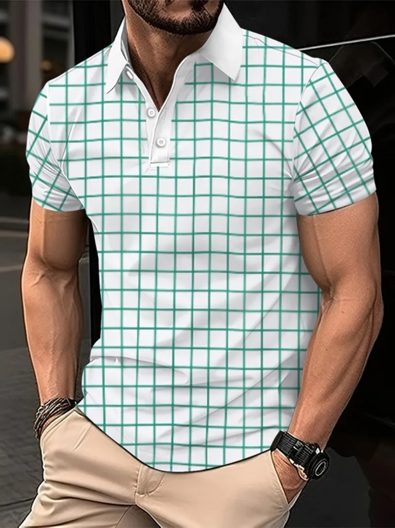 Mens Summer Fashion Trend 3D Plaid Print Short-sleeved Polo Casual Street Sports Stripe Polo Tops 250528