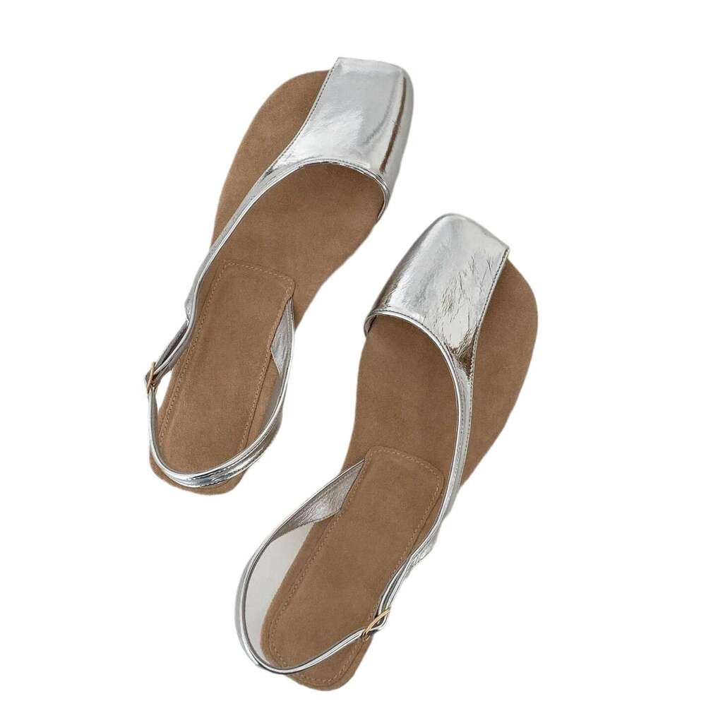 Genuine Leather Niche High-End Half-Covered Open-Toe Women 2024 Summer Square Toe Toe-Post Flat Sandals for Outdoor Wear