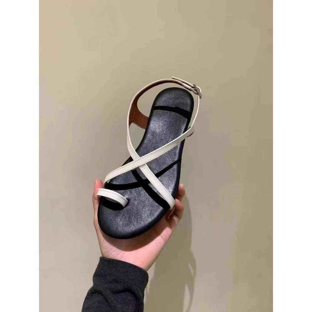 Cowhide Version ~ Korean INS Style Round Cross Strap Sandals for Women 2025 Summer Toe Clip Flat Roman Shoes
