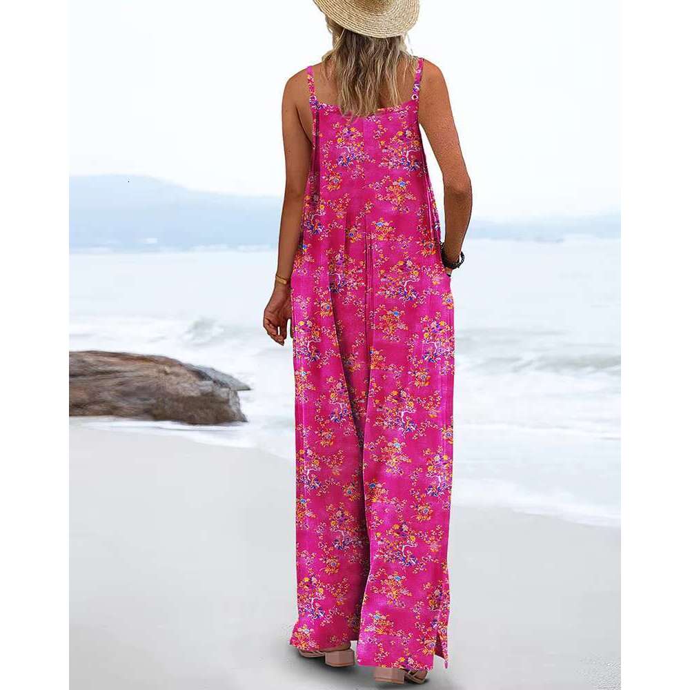 Tad Women's Summer Bohemian Casual Wide Leg Cargo Pants with Print and Pockets Loose Jumpsuit