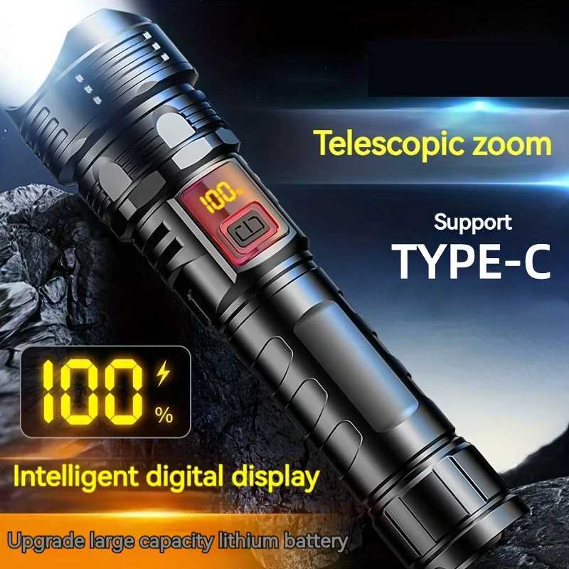 New Strong Light Digital Display Flashlight with Telescopic Focus Rechargeable Portable Long Range Outdoor Work Light LED Flashlight XJ250529