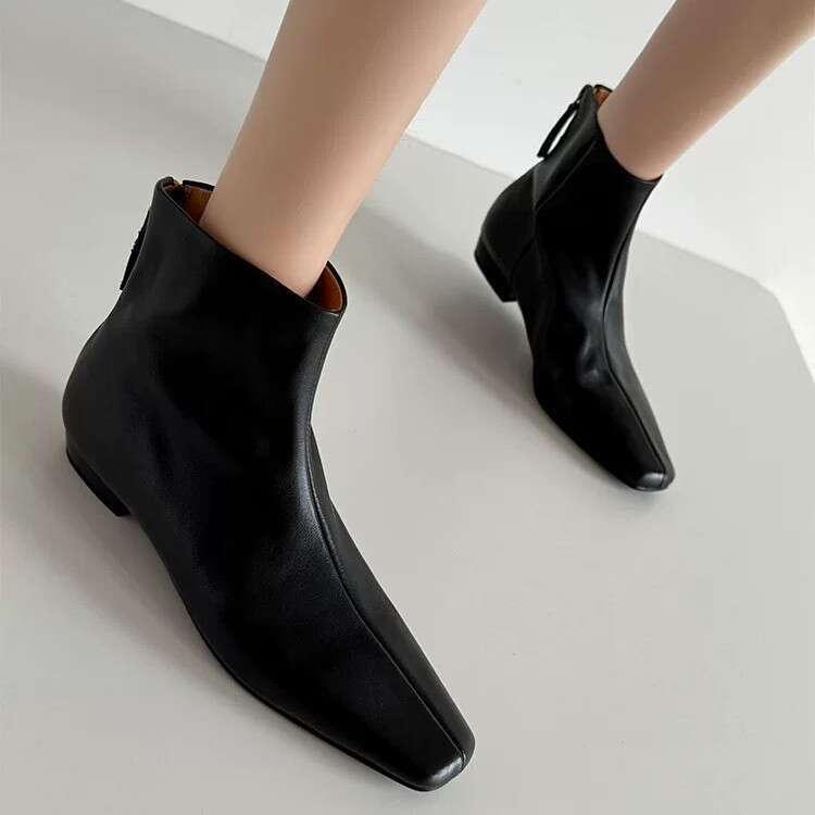 French Style Minimalist Square Toe Ankle Flat Slim with Back Zipper Short for Women Autumn Winter New Versatile Martin Boots