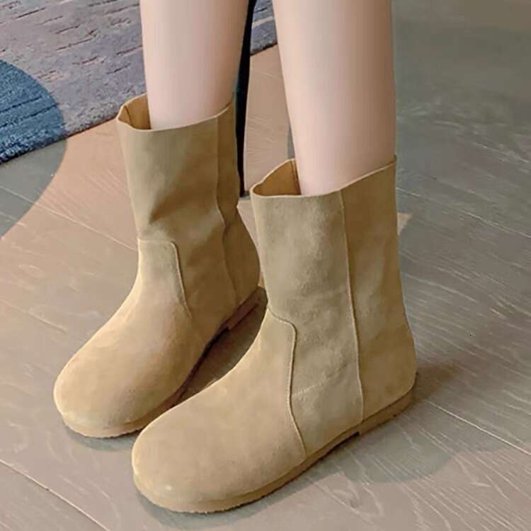 Genuine Korean Style Suede Turned Leather Round Toe Flat Slim Short Women 2024 New Versatile Mid-Calf Denim Boots