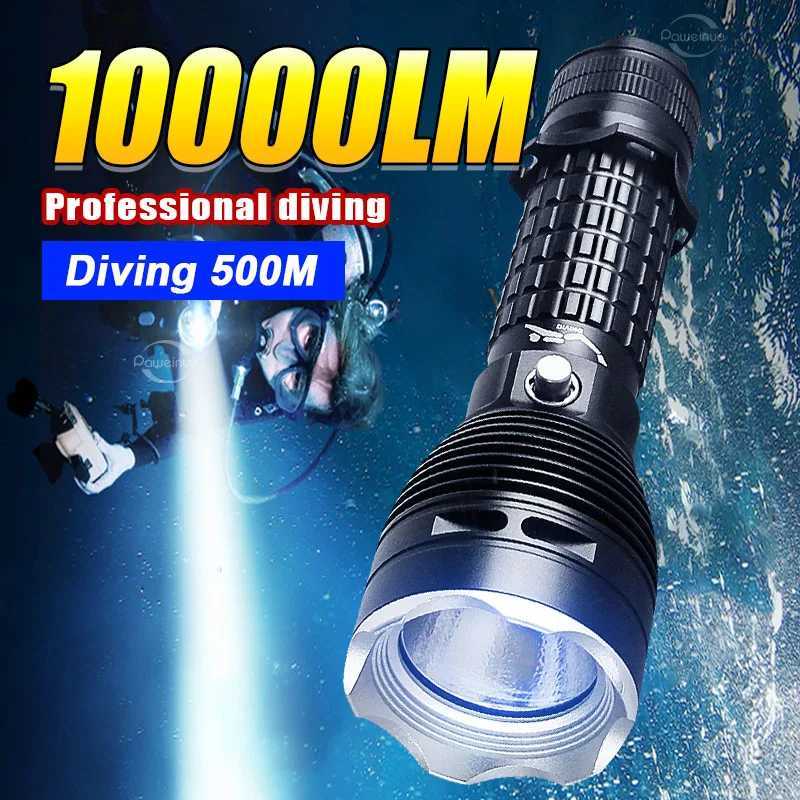10000LM Profesional Diving Flashlight Scuba LED Dive Light 26650 Hunting Dive Torch IPX8 Waterproof Underwater Lantern XJ250529