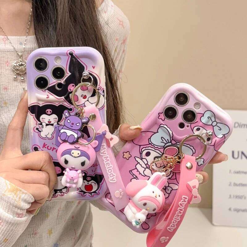 3D Cartoon Kuromi Wavy Phone Case For iPhone 16 15 14 Pro 13 12 11 X Xr Xs Max 7 8 Plus SE Cute Melody With Wrist Strap Cover