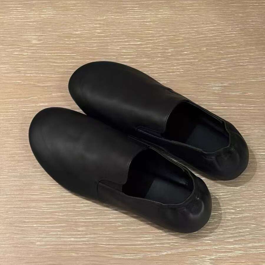 Genuine Round Toe Super Soft Loafers for Women Thick Sole Flat Slip-On Lazy Elastic Band Small Leather Single Shoes