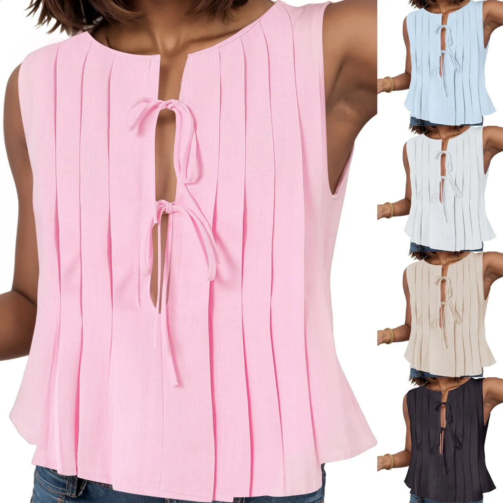 Women Sleeveless Shirts Ladies Solid Color Cotton Linen Strap Tops for Holiday Bow Tie Beach Vacation Ruched Blouse 250520A