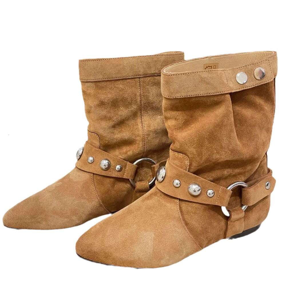 Niche Suede Metal Ring Pointed Toe Western Cowboy for Women 2024 New Flat Slim Short Boots