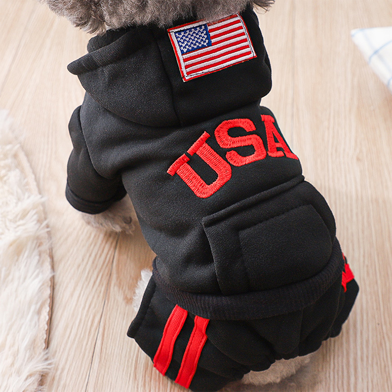 Dog Hoodie Fashion Embroidery 'USA' 4 Legs Jumpsuit Sweatshirt Hoodies, Soft Warm Dog Outfit Pullover Dog Winter Clothes Sweater for Small M