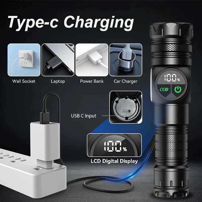 Rechargeable LED Flashlight Powerful Battery Flash Light with Tail Magnet Zoom Torch Light Long Range Lamp for Camping XJ250529