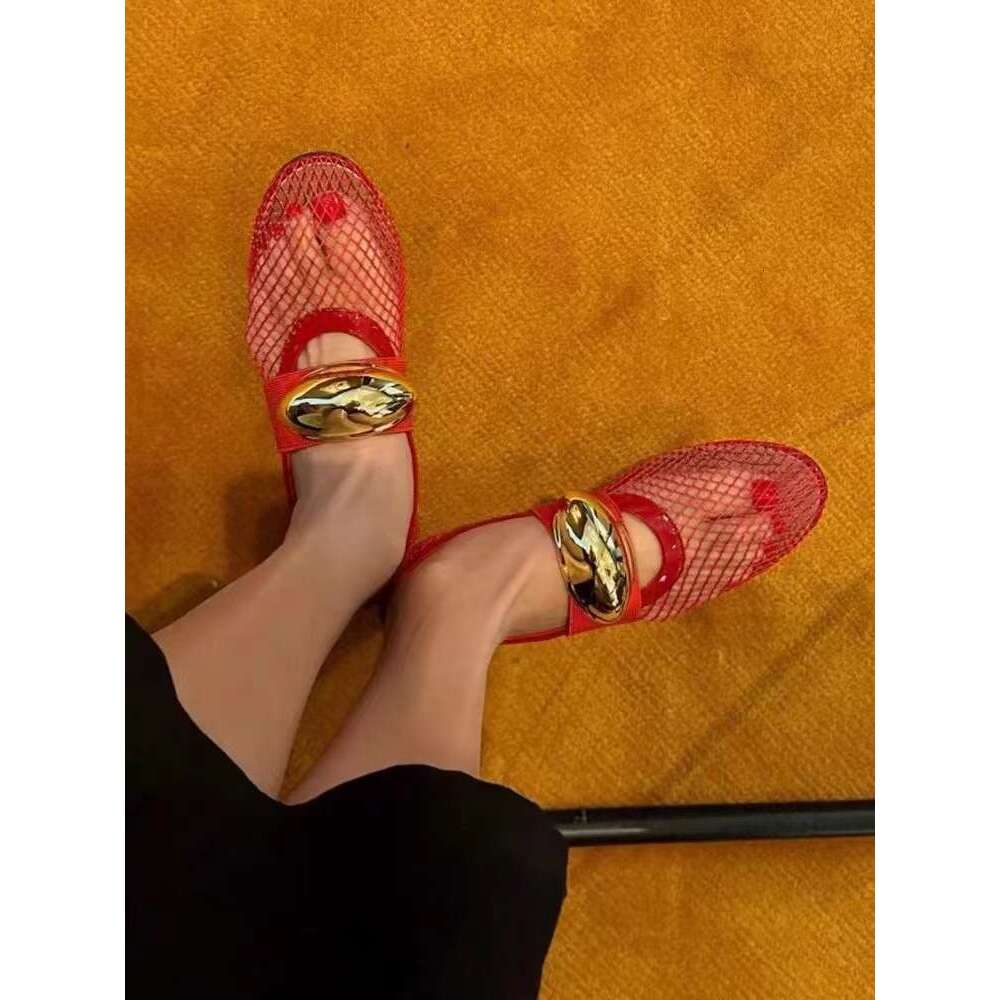 Red Metal Buckle Fishnet Hollow Flat Ballet One-Strap Mary Jane Women's Spring Summer Style Single Shoes Sandals
