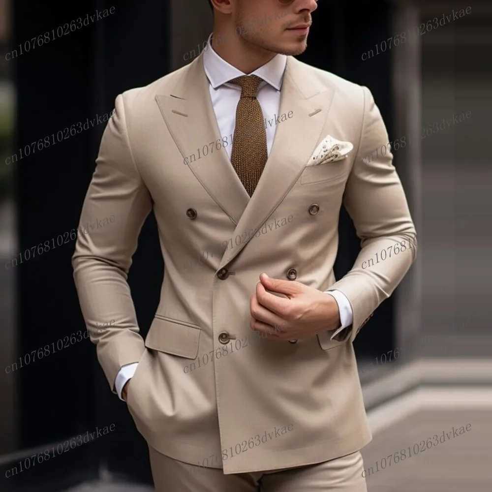 New Beige Business Suit Men Tuxedos Groom Groomsman Formal Prom Wedding Party 2 Piece Set Jacket And Pants H260504