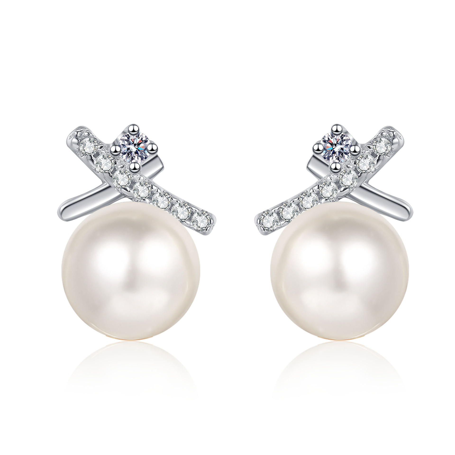 S925 Sterling Silver Women's Cross Design Minimalist Earrings, Moissanite Pearl Studs, Versatile Fashion New Arrival Jewelry