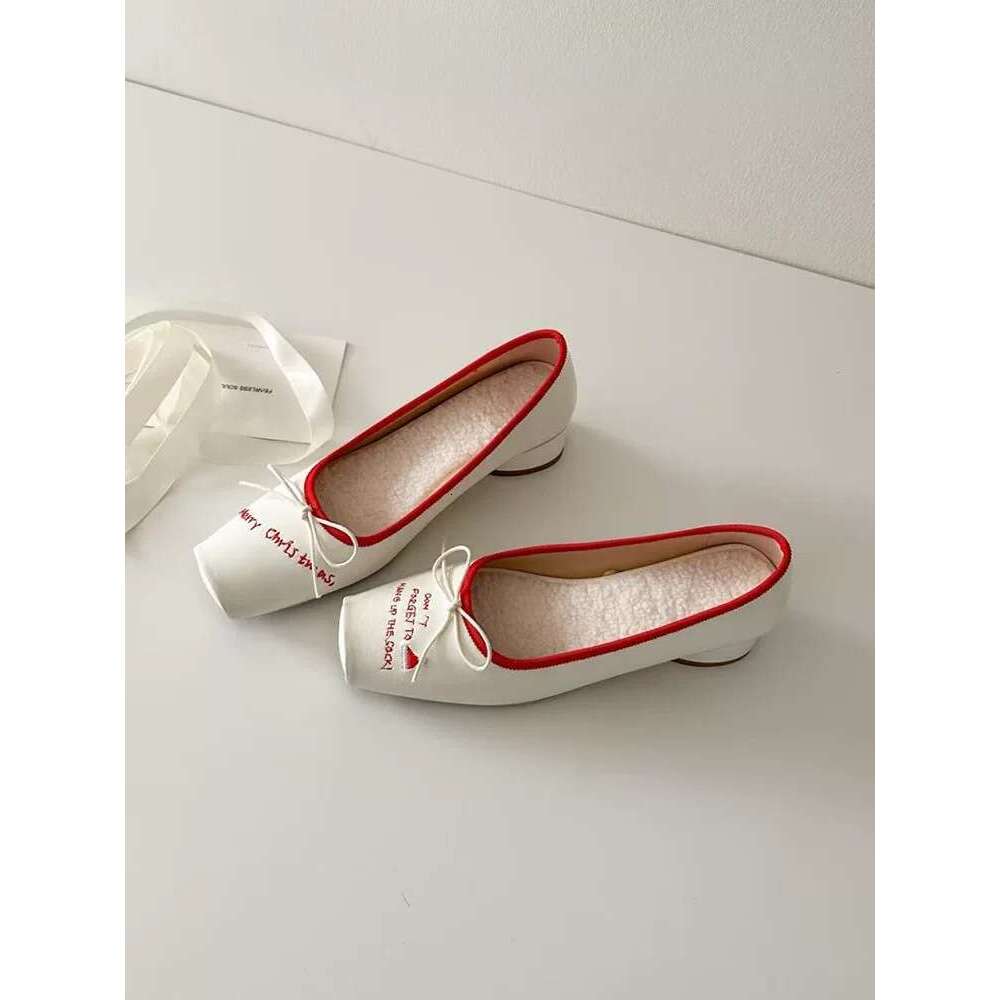 Genuine Leather French Letter Bowknot Shallow Square Toe Single for Women 2025 Spring Chunky Heel Ballet Mary Jane Shoes
