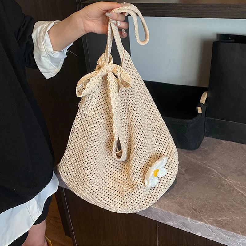 Korean Womens Hollow Woven Shoulder Bags Braided Bag Tote Lazy Style Knitted Flower Summer Mesh Beach Bag 250528
