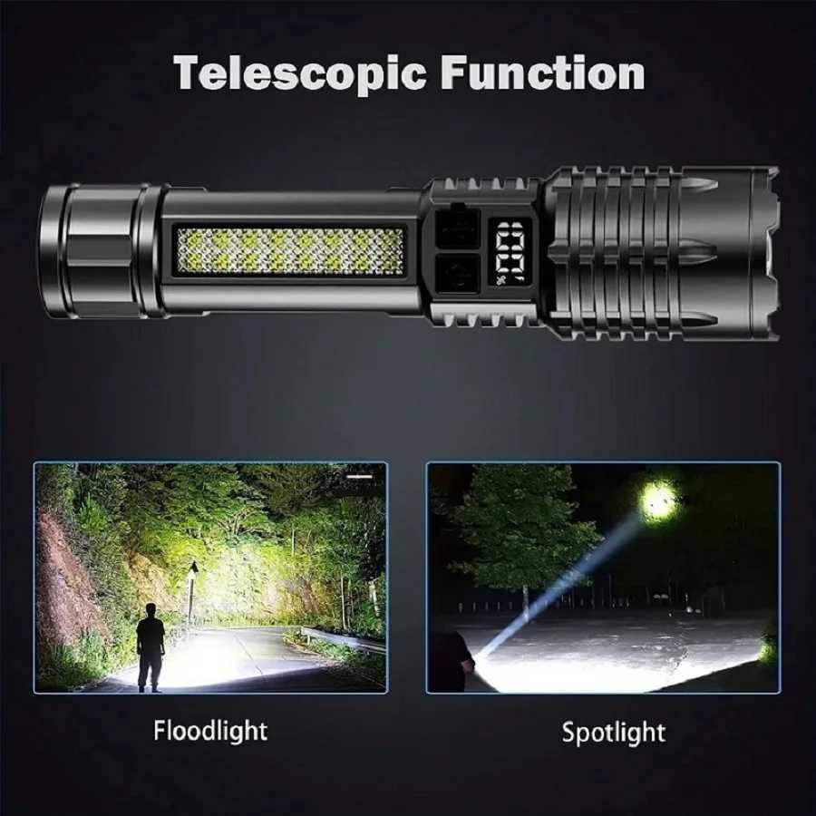 High Power LED Flashlight With Side Light Super Bright USB Rechargeable Zoomable Tactical Torch Waterproof Outdoor Camping Lamps XJ250529