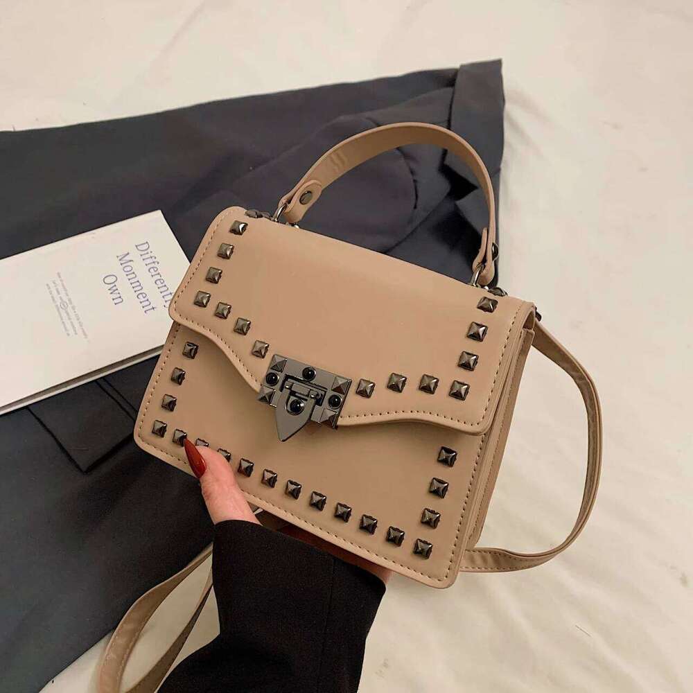 Black Small Square For Women Retro Rivet Crossbody Famous Brand Handbag Solid Color Pu Leather Lady Shoulder Bag Khaki