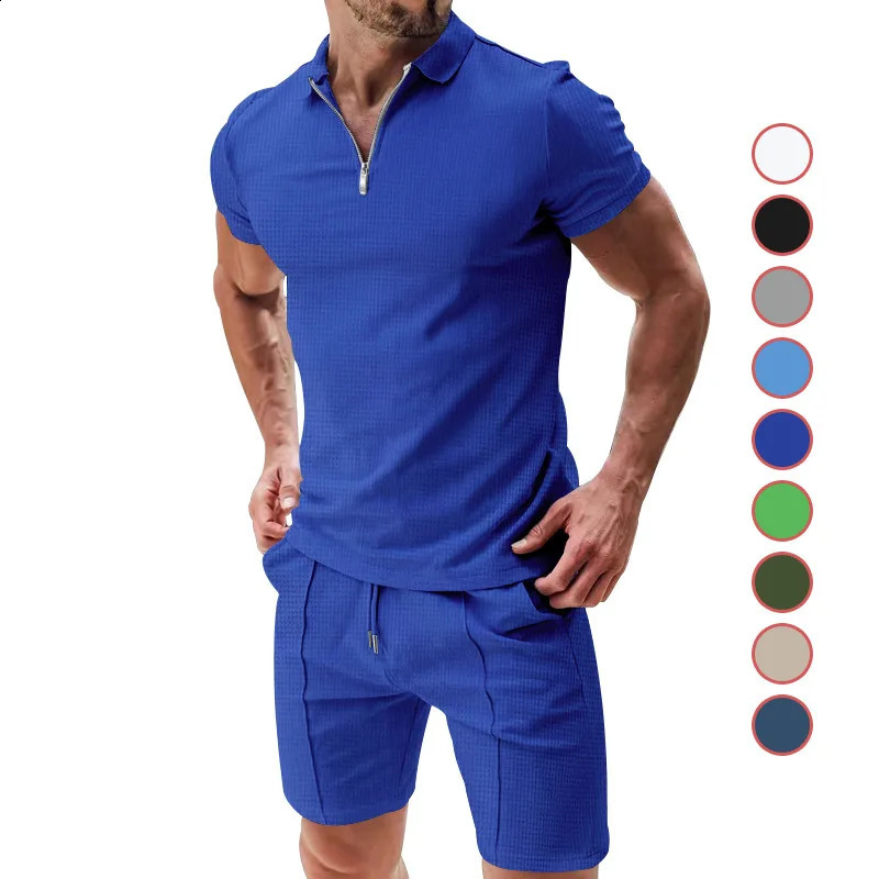 2024 Mens Suit Summer Casual Sportswear Waffle Solid Color Loose Lapels Tshirt and Shorts TwoPiece Set 250520Z