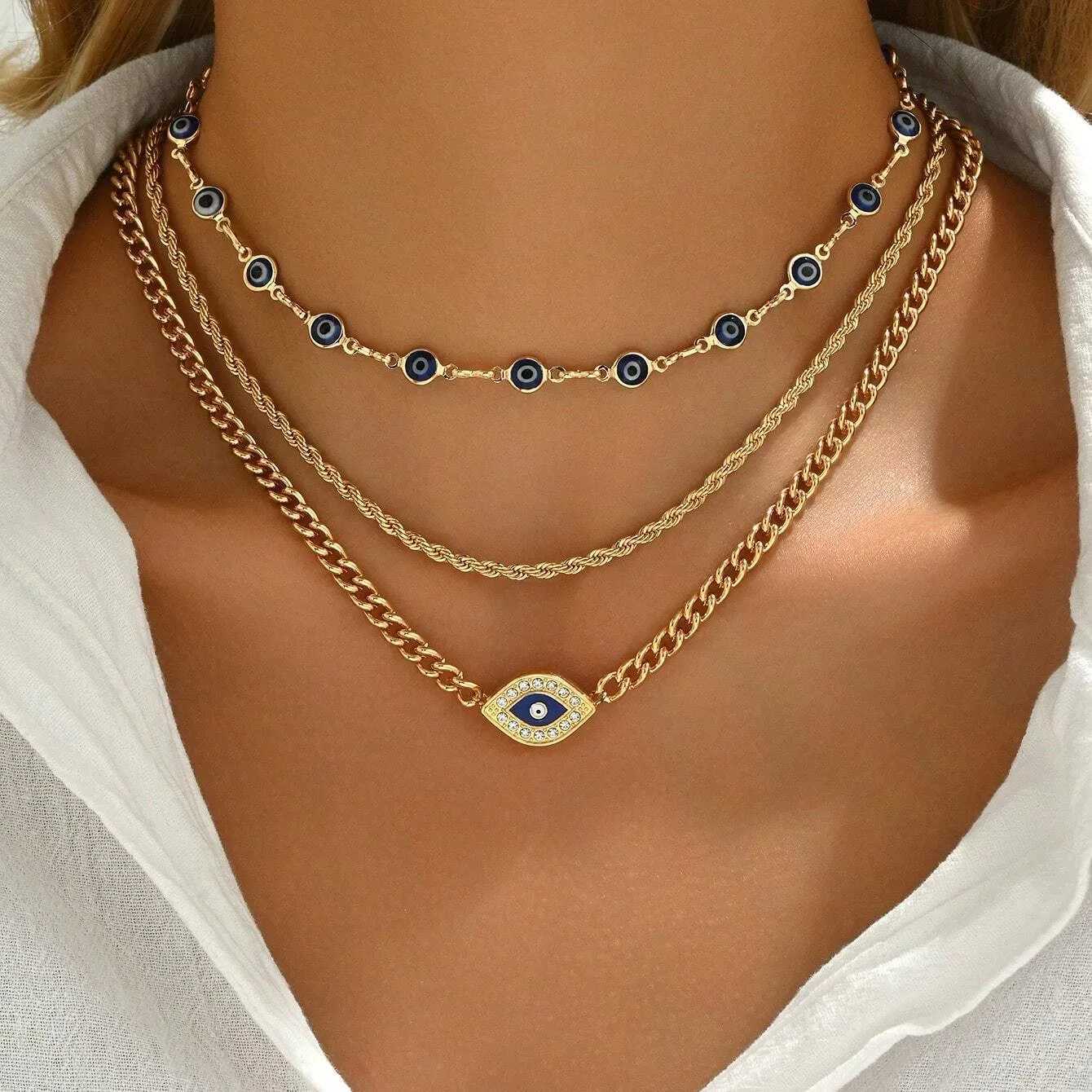 Boho Lucky Multi-layers Crystal Evil Eye Pendant Necklace For Women Geometric Round Charm Clavicle Chain Beach Jewelry XJ250528