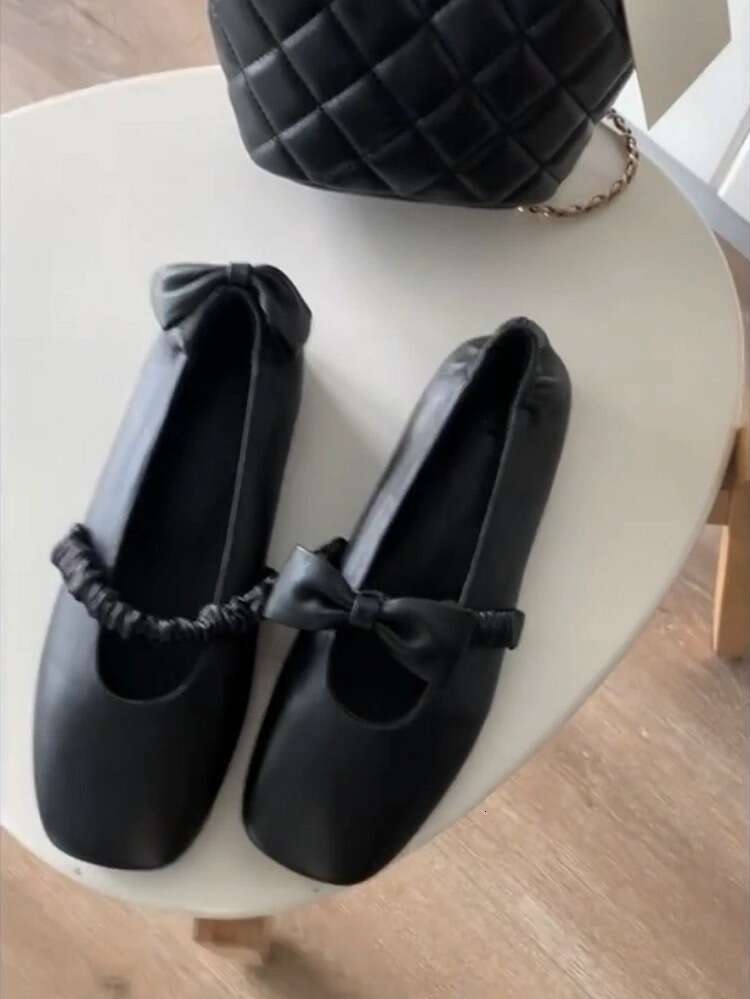 Genuine Leather Korean Style Bowknot Square Toe Mary Jane for Women 2025 Spring Ballet Flat Shoes