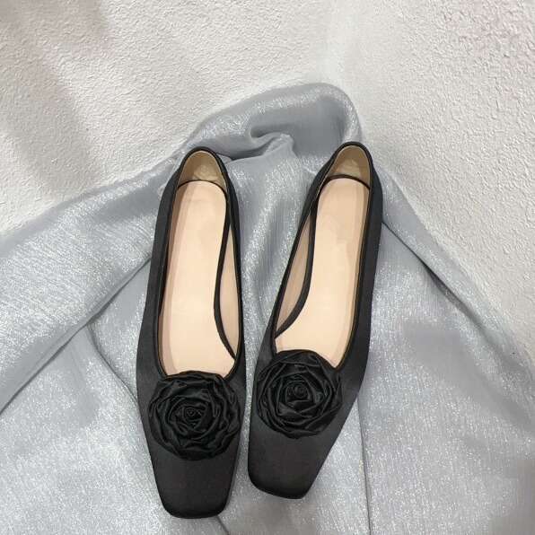 Korean Style Genuine Leather Satin Small Fragrance Camellia Flat Square Toe Shallow Mouth Single Shoes for Women Spring Summer Flower Loafers