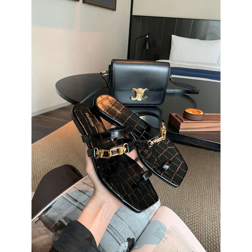 Instant Dispatch Grape Mom Square Metal Buckle Irregular Double Strap Toe Cover Crocodile Pattern Flat Sandals for Women