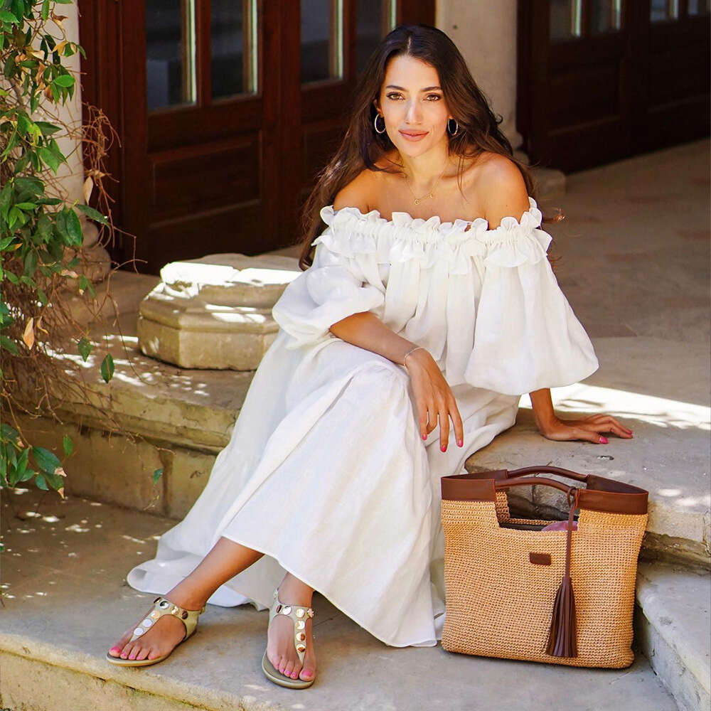 Spring/Summer Women's Off-Shoulder Sexy Puff Sleeve Solid Color Ruffle Vacation Beach Dress B5