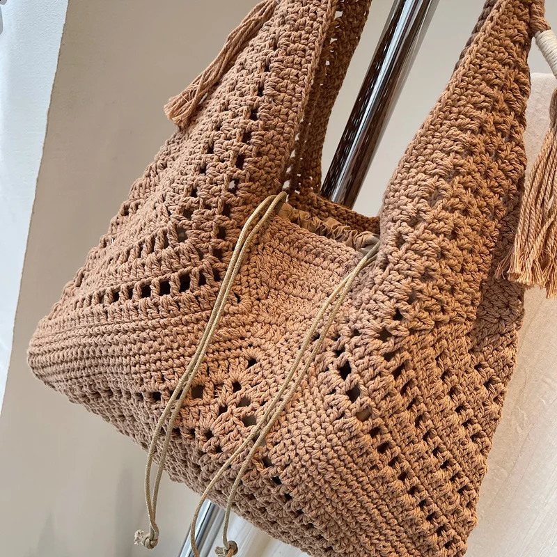 Crochet 2-IN-1 Shoulder Bag Set For Women Raffia Boho Rattan Summer Beach Vacation Tote Bags Knitted Handbags Female 250523