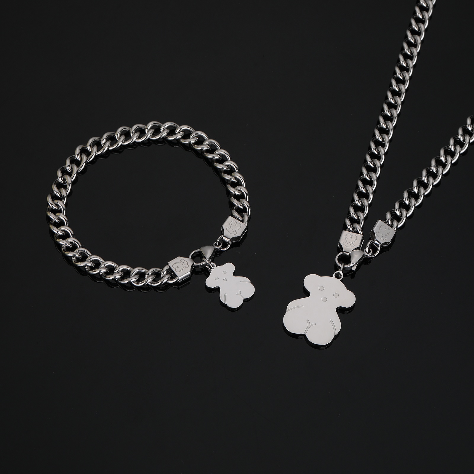 Hot Sale Fashion Women Men Silver Rose Gold Stainless Steel Bear Cartoon Span Letter Bracelet Chain Pendant Necklace Earrings Sets Jewelry