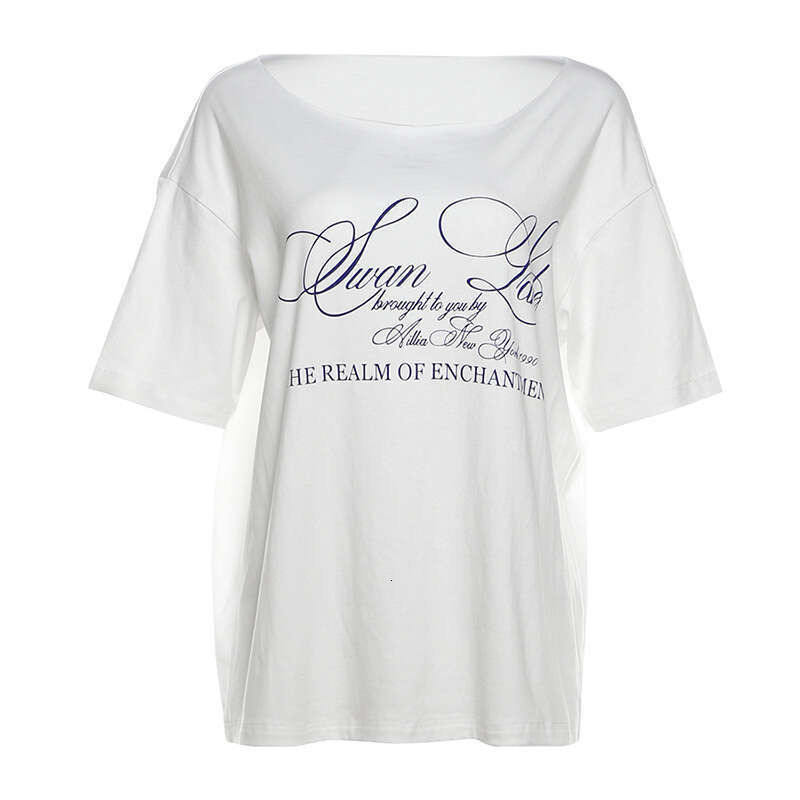 Summer New Women's American Street Fashion Letter Print Asymmetric Shoulder Loose T-Shirt Top B5