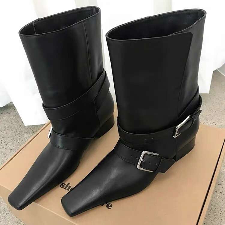 Korean Style Niche Design Turn-down Collar Two-way Small Square Toe Martin for Women 2024 Chunky Heel Chelsea Slim Short Boots